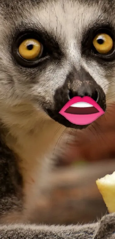 Funny lemur with pink lips holding a snack, perfect for mobile wallpaper.