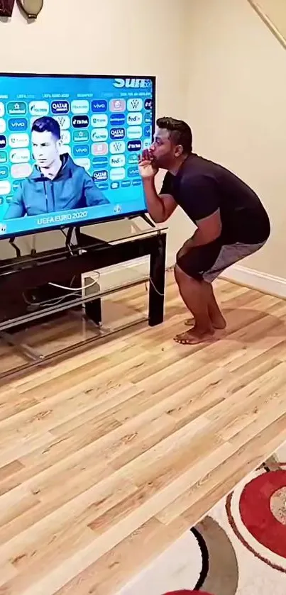 A funny moment in a living room with TV interaction.