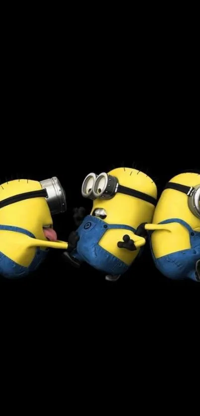 Three playful minions on a black background.