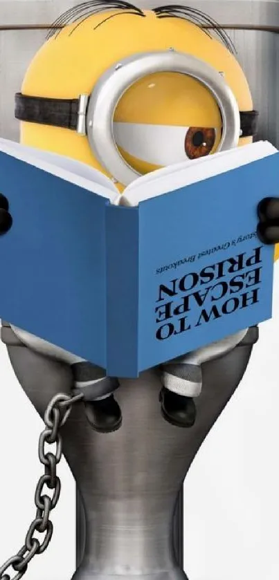 Minion reading 'How to Escape Prison' book humorously.