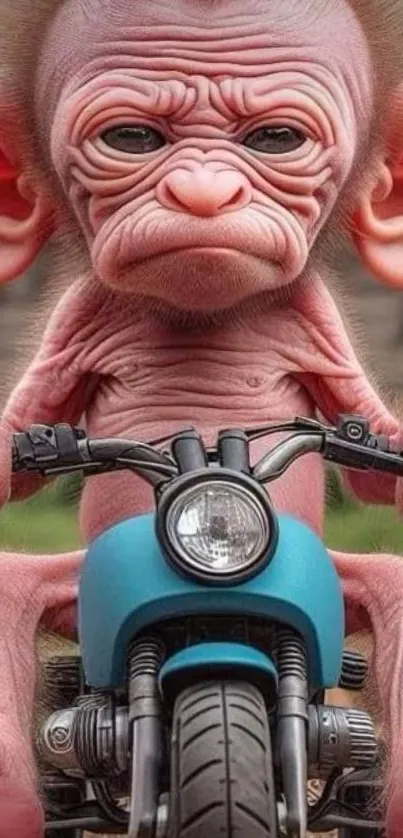 Funny pink monkey rides mini motorcycle.
