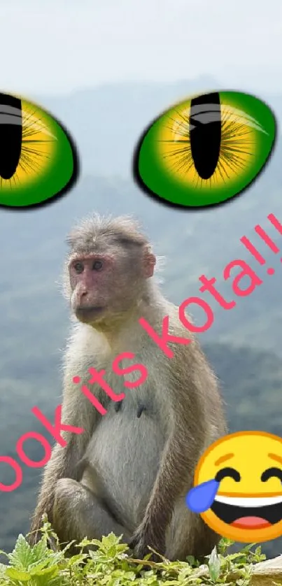 Amusing monkey and emojis with scenic green hills.