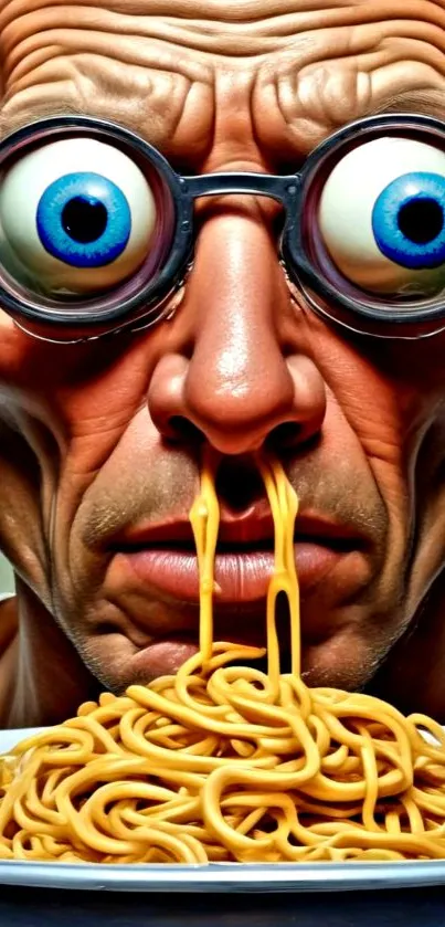 Humorous character with large eyes and noodles on a plate.