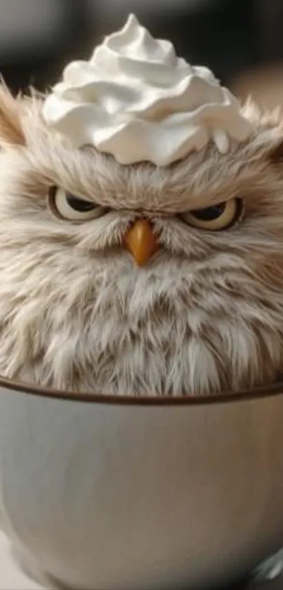 A funny owl with cream in a coffee cup.
