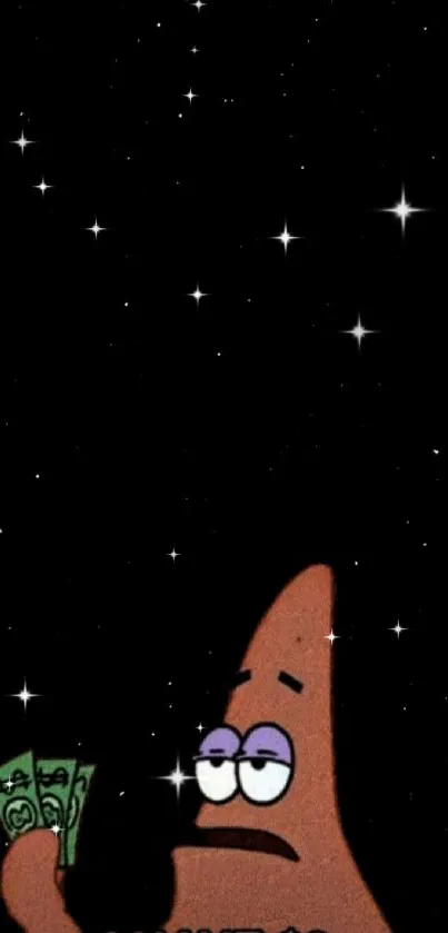 Patrick Star meme with a black starry background holding money.