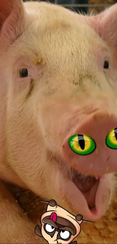 Funny pig with cartoon eyes on mobile wallpaper.