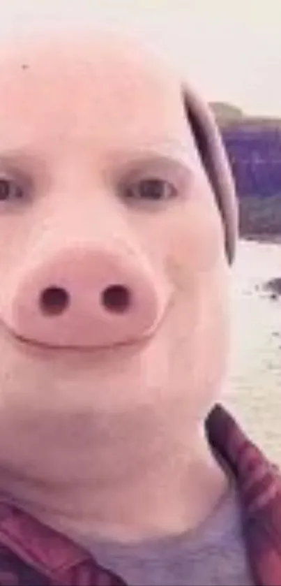 Person in a pig mask smiling by a river, blending humor with a scenic backdrop.