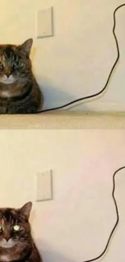 Funny cat sitting near outlet with a plug.