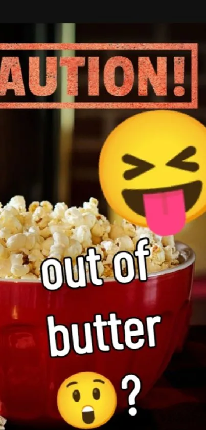 Caution sign with popcorn in red bowl and emojis on phone wallpaper.