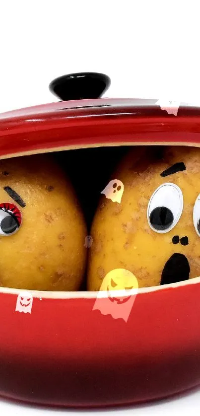 Two funny-faced potatoes in a red pot, expressing surprise and humor.