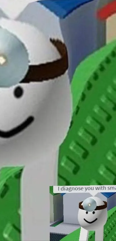 Funny Roblox doctor character with green background.