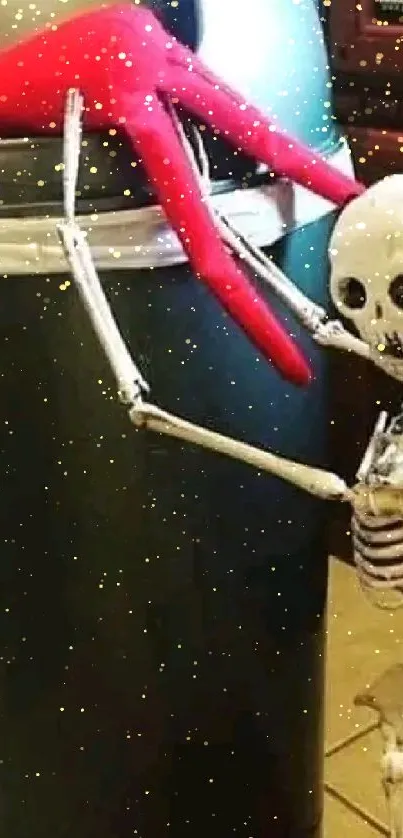 Skeleton tries to rescue an elf from a trash can in a humorous wallpaper.