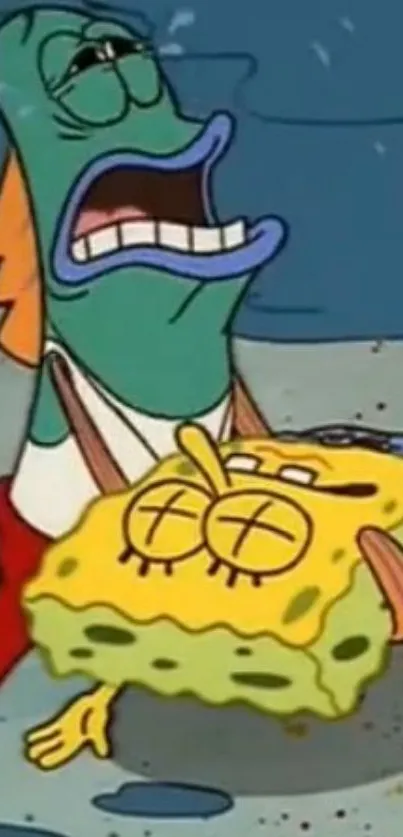 SpongeBob being carried by a fish character in a funny scene.