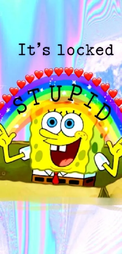 Colorful Spongebob wallpaper with funny quote and vibrant rainbow.