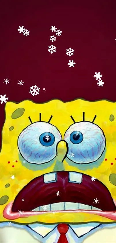 SpongeBob SquarePants on maroon backdrop with snowflakes.