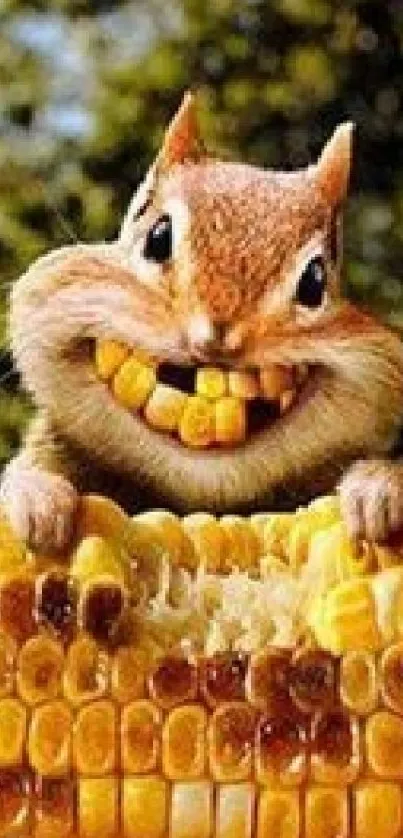 Humorous squirrel eating corn wallpaper.