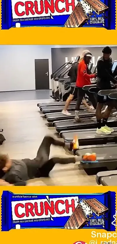 Hilarious treadmill fall captured in a bright gym setting for a funny wallpaper.