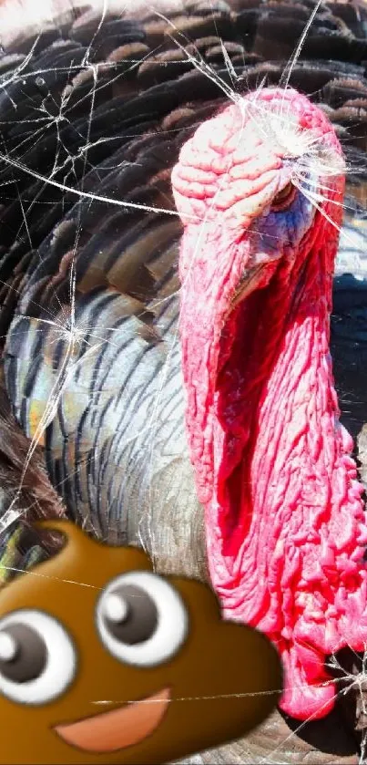 Humorous turkey with emoji on phone wallpaper.