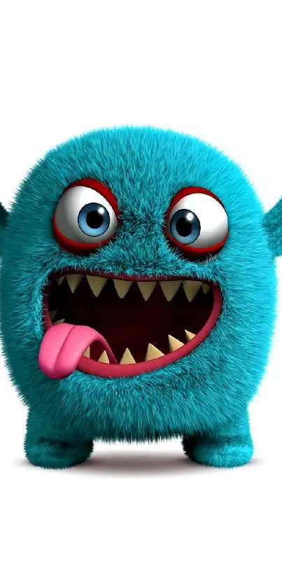 Furry blue monster with open mouth and funny expression on white background.