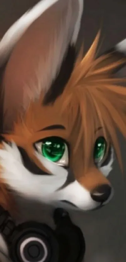 Furry character with green eyes and headphones in anime style portrait.