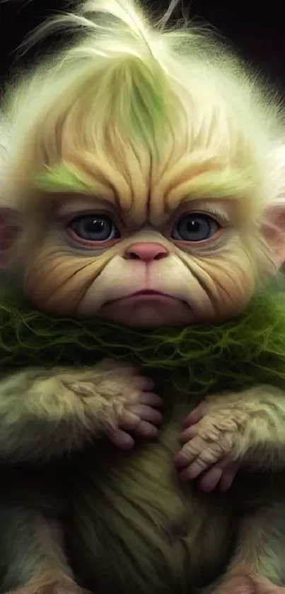 Adorable furry fantasy creature with big eyes and green fur on a dark background.