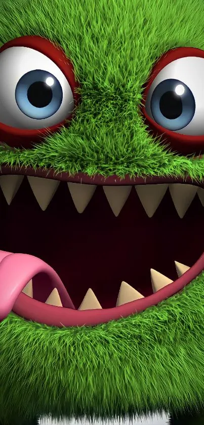 Furry green monster with sharp teeth and playful expression