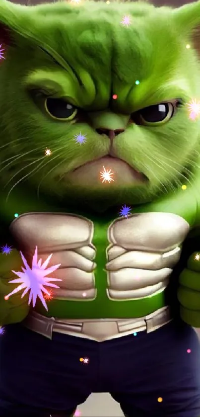 Green superhero cat with detailed costume art on phone wallpaper.