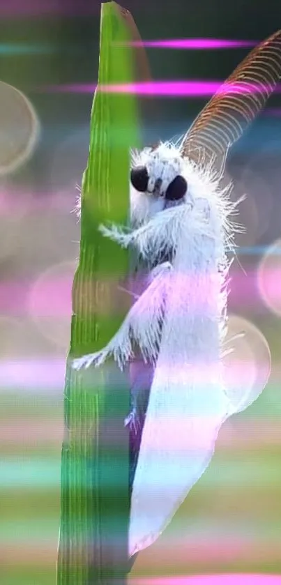 White furry moth on leaf with pastel bokeh lights.