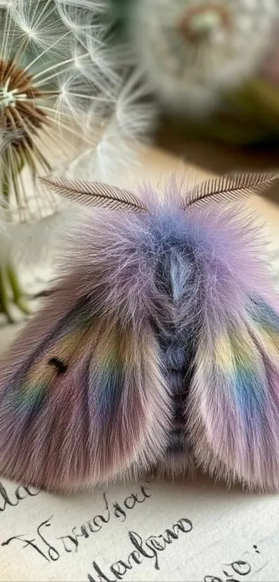 Furry pastel-colored moth on leaves, showcasing soft hues.