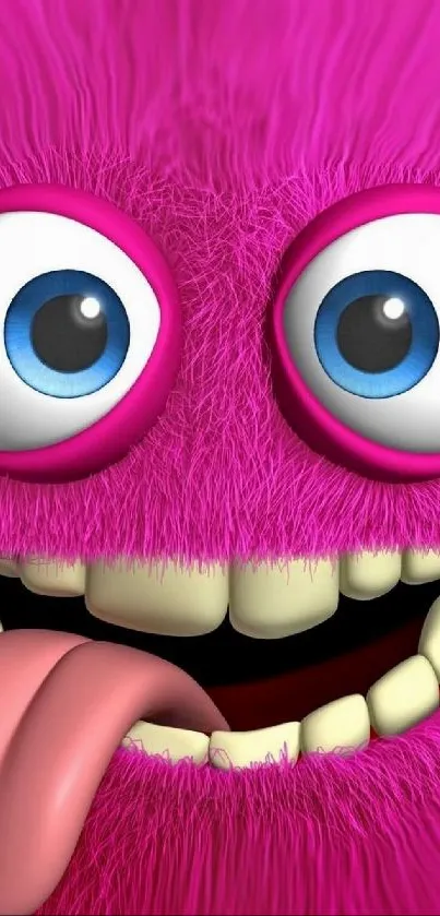 Furry pink monster with big eyes and tongue out.