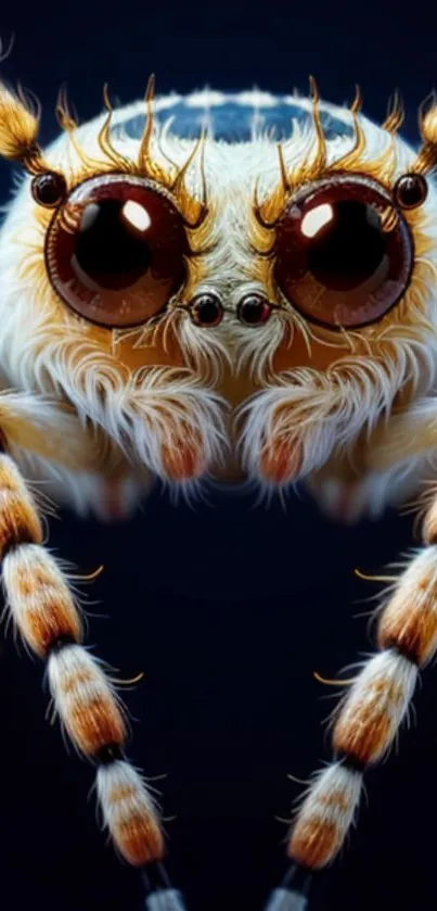 Realistic furry spider with brown eyes on a dark background for mobile wallpaper.