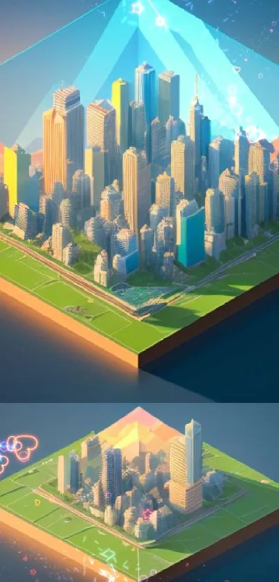 3D cityscape in glass prism with vibrant colors for mobile wallpaper.