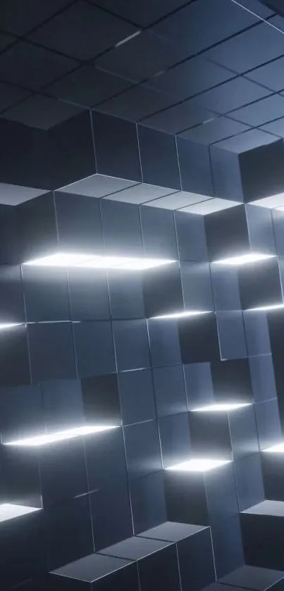 Futuristic 3D geometric dark blue cube wallpaper with glowing highlights.