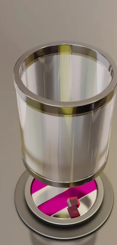 3D metallic cylinder with a vibrant pink base on gray background.