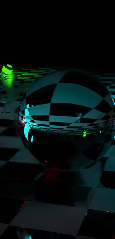 Futuristic 3D sphere on a neon checkered floor with dynamic lighting.