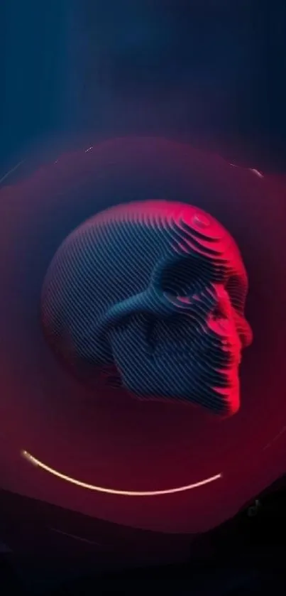 Futuristic 3D skull with neon glow on a dark background.