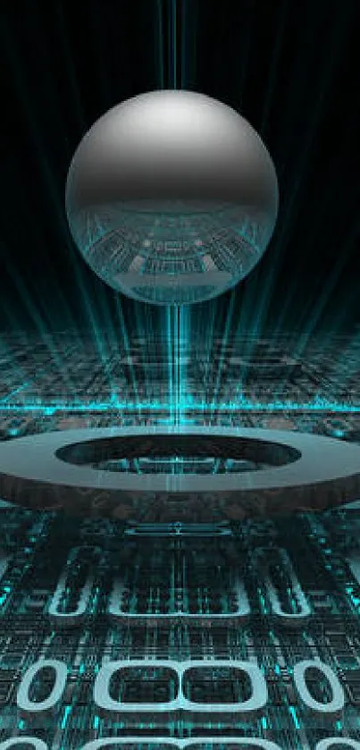 Futuristic wallpaper featuring a 3D sphere and digital grid in teal tones.