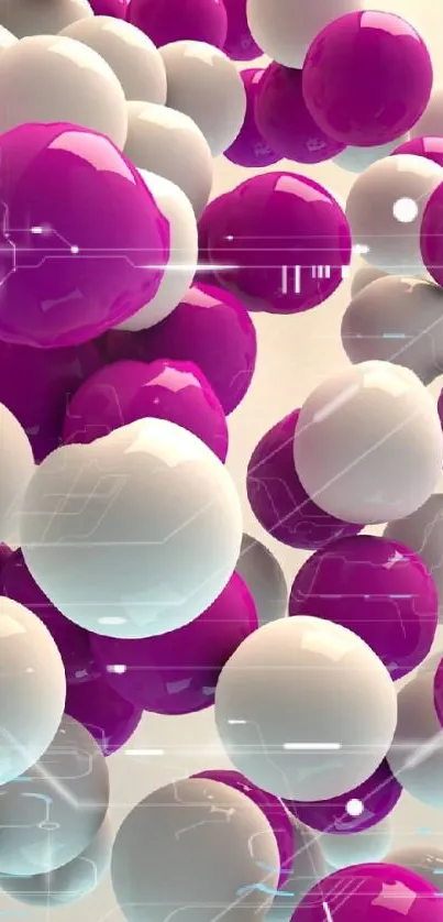 Futuristic wallpaper with pink and white 3D spheres on a digital backdrop.