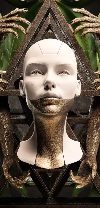 Futuristic abstract sculpture with golden textures and artistic hands.