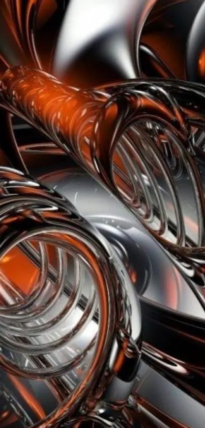 Futuristic abstract wallpaper with metallic swirls in orange and silver hues.