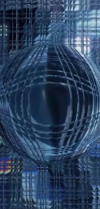 Futuristic abstract blue sphere on grid background.