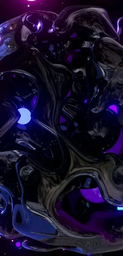 Futuristic abstract dark sphere with blue and purple glow.