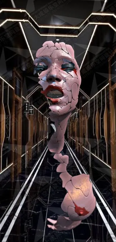 Surreal abstract face in a futuristic hallway.