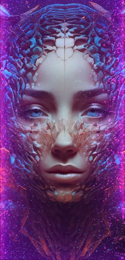 Futuristic abstract face with vibrant purple hues in artistic wallpaper.