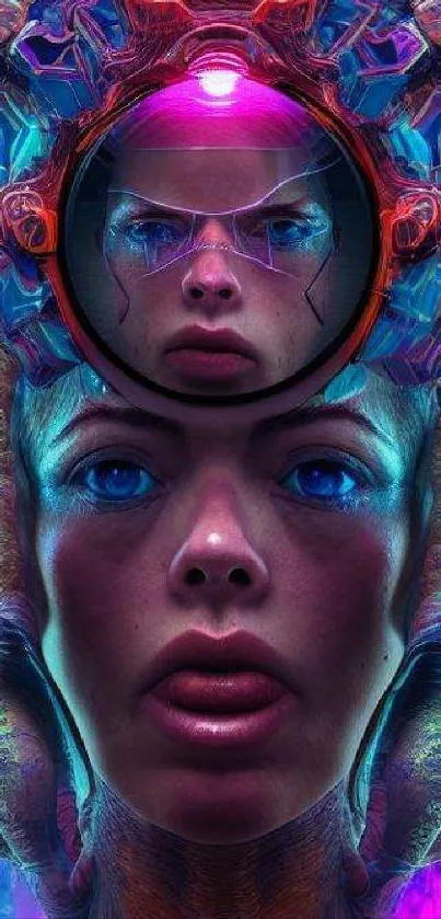 Futuristic abstract face with neon colors in a surreal digital artwork.