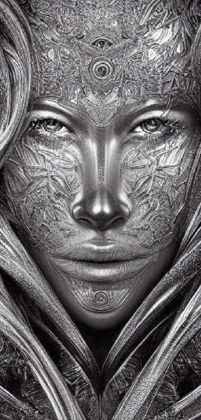 Futuristic abstract design featuring a detailed silver face art.