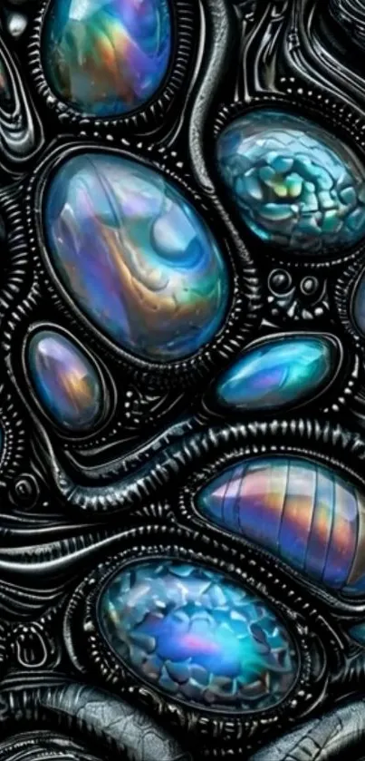 Futuristic abstract wallpaper with colorful gemstones and metallic textures.