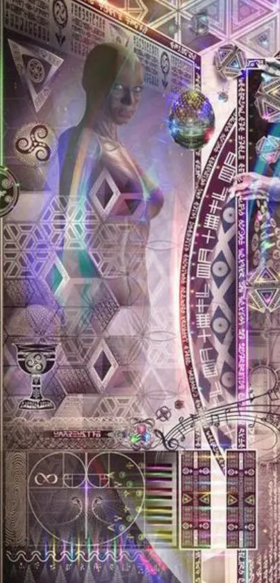 Futuristic wallpaper with geometric patterns and holographic effects.