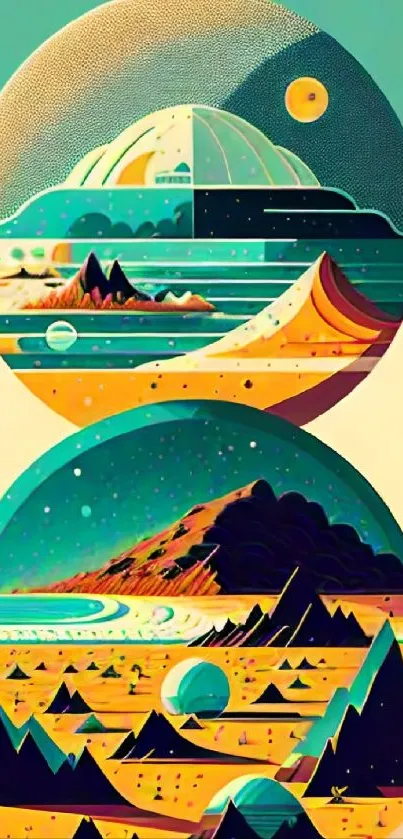 Futuristic abstract landscape with geometric mountains and celestial elements.