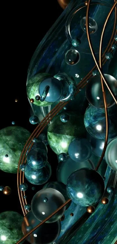 Futuristic abstract wallpaper with teal metallic spheres.